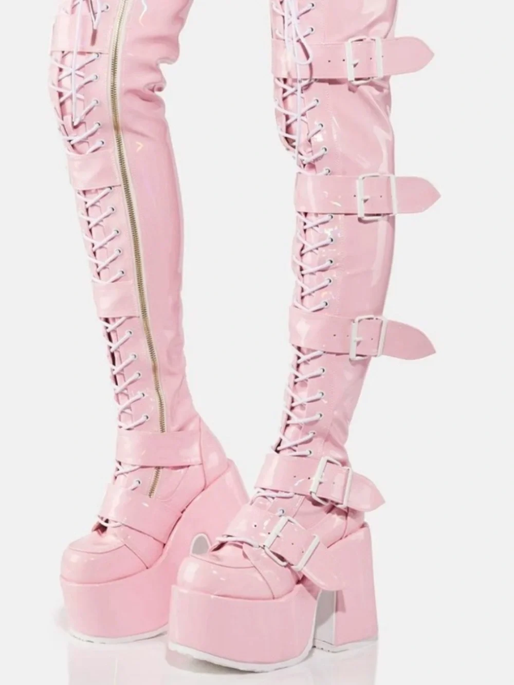 Demonia Camel-305 Baby Pink Hologram Thigh High Platform Boots
